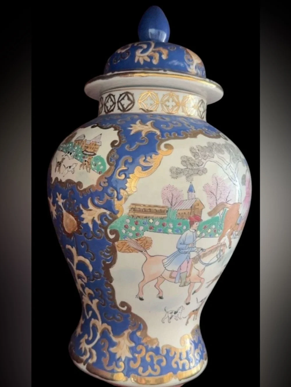 1940’s Blue, Gold & White Porcelain, Vintage WBI Jar with Hand-Painted Scene